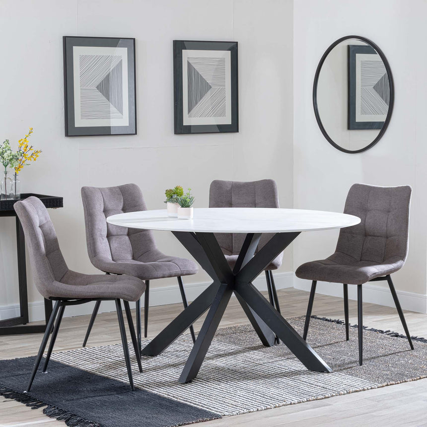 Novara White Ceramic 4 Seater Round Dining Set - 4 Corona Camel Fabric Dining Chair-3