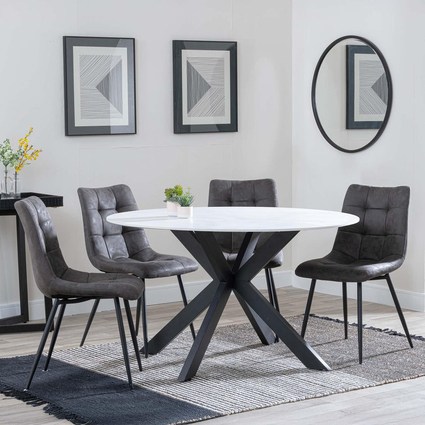 Novara White Ceramic 4 Seater Round Dining Set - 4 Corona Grey Fabric Dining Chair-9