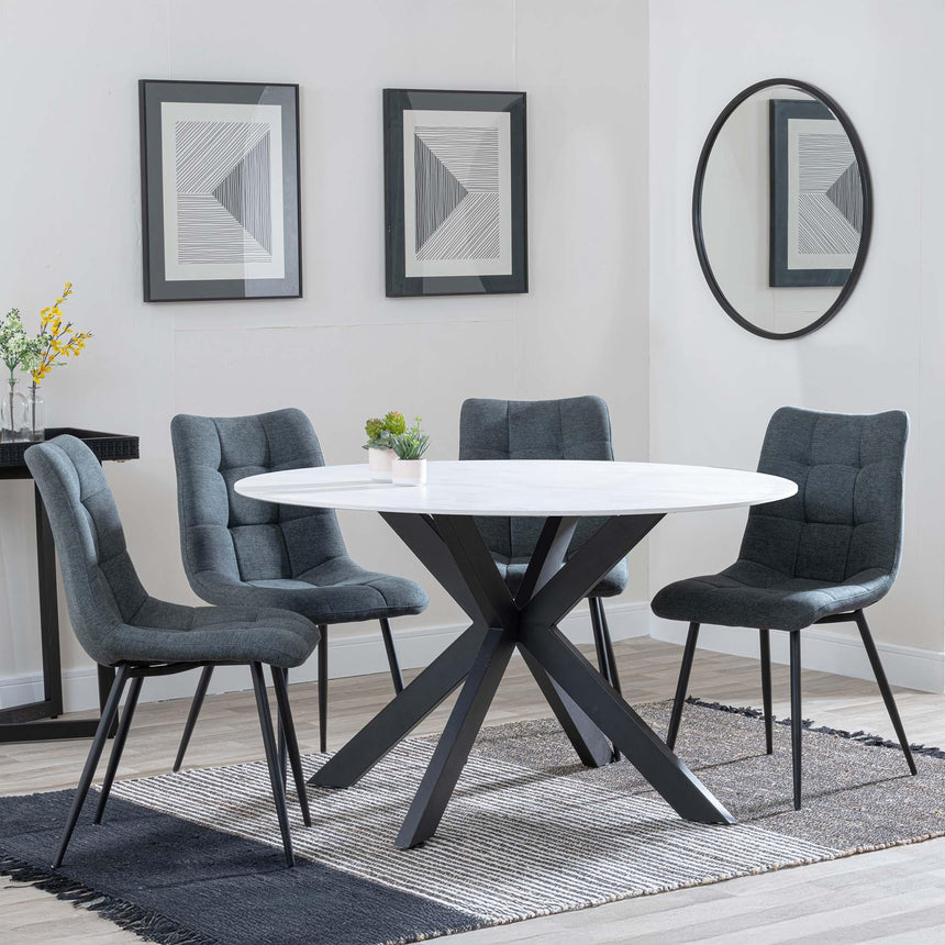 Novara White Ceramic 4 Seater Round Dining Set - 4 Corona Light Grey Fabric Dining Chair-7