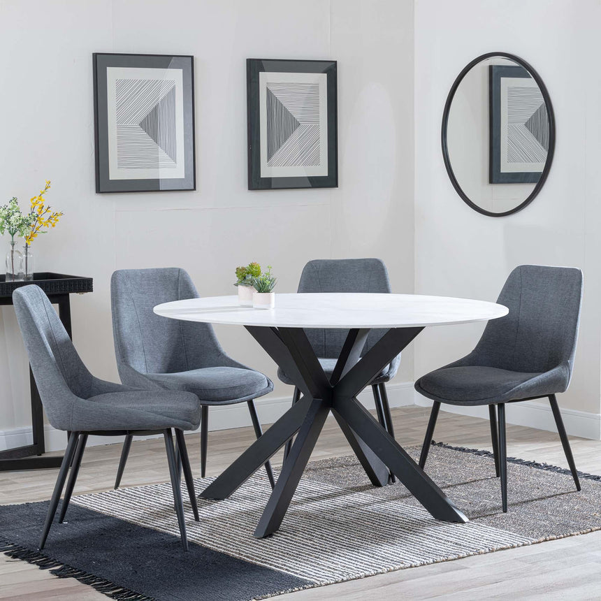 Novara White Ceramic 4 Seater Round Dining Set - 4 Darwin Grey Fabric Dining Chair-6