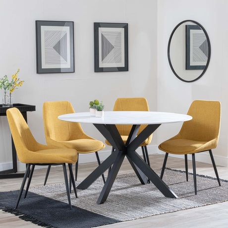 Novara White Ceramic 4 Seater Round Dining Set - 4 Darwin Yellow Fabric Dining Chair-2