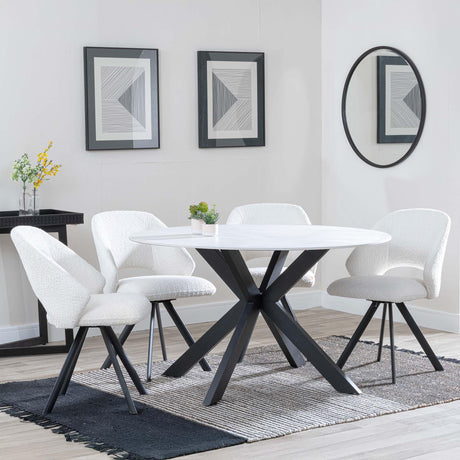 Novara White Ceramic 4 Seater Round Dining Set - 4 Ion Cream Boucle Teddy Fabric Swivel Dining Chair-5