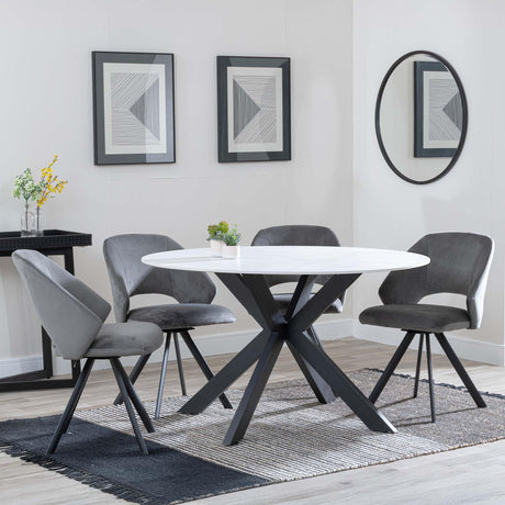 Novara White Ceramic 4 Seater Round Dining Set - 4 Ion Dark Grey Velvet Fabric Swivel Dining Chair-2