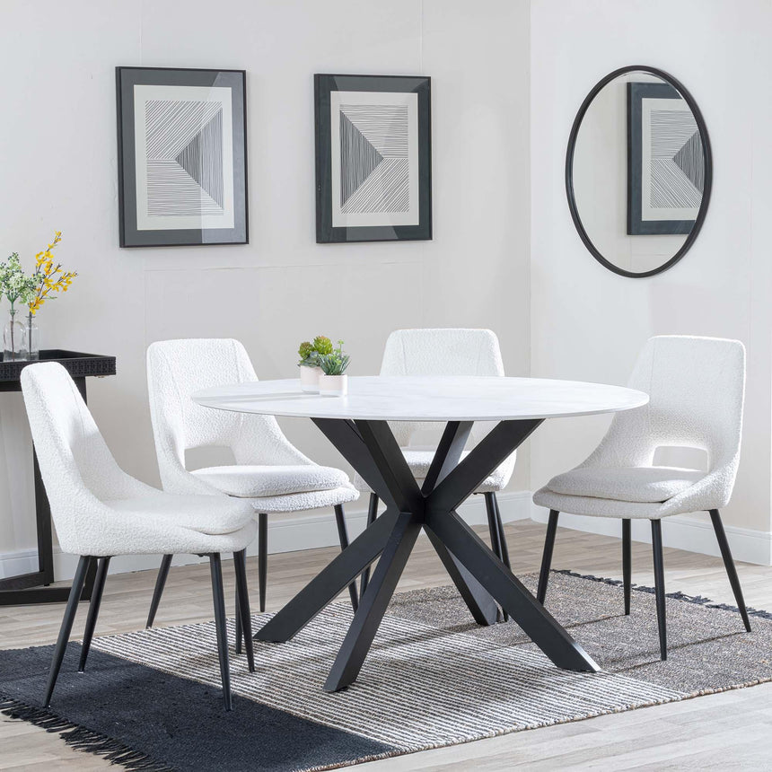 Novara White Ceramic 4 Seater Round Dining Set - 4 Peyton Cream Fabric Dining Chair-4