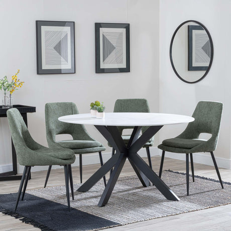 Novara White Ceramic 4 Seater Round Dining Set - 4 Peyton Green Fabric Dining Chair-3