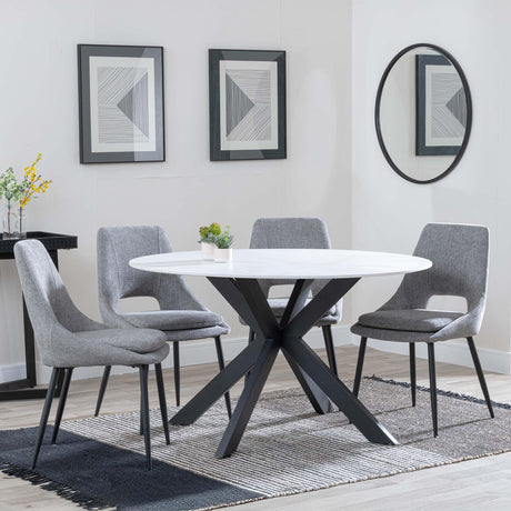 Novara White Ceramic 4 Seater Round Dining Set - 4 Peyton Grey Fabric Dining Chair-2