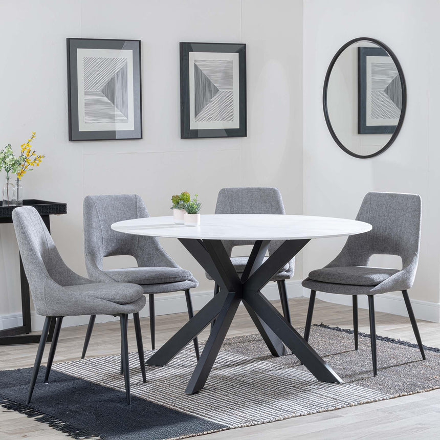 Novara White Ceramic 4 Seater Round Dining Set - 4 Peyton Grey Fabric Dining Chair-2