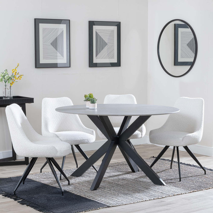 Novara Grey Ceramic 4 Seater Round Dining Set - 4 Arctic Cream Velvet Fabric Swivel Dining Chair-4