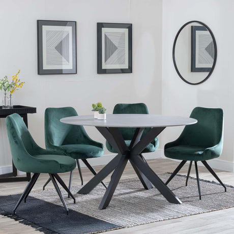Novara Grey Ceramic 4 Seater Round Dining Set - 4 Arctic Green Velvet Fabric Swivel Dining Chair-2