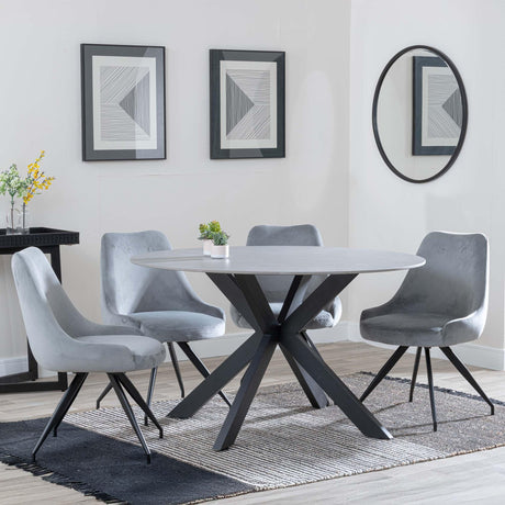Novara Grey Ceramic 4 Seater Round Dining Set - 4 Arctic Grey Velvet Fabric Swivel Dining Chair-3