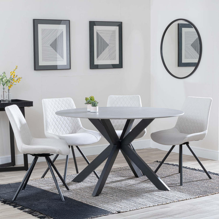 Novara Grey Ceramic 4 Seater Round Dining Set - 4 Boden Cream Fabric Swivel Dining Chair-3