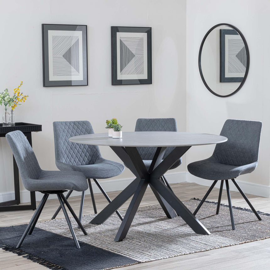 Novara Grey Ceramic 4 Seater Round Dining Set - 4 Boden Grey Fabric Swivel Dining Chair-6