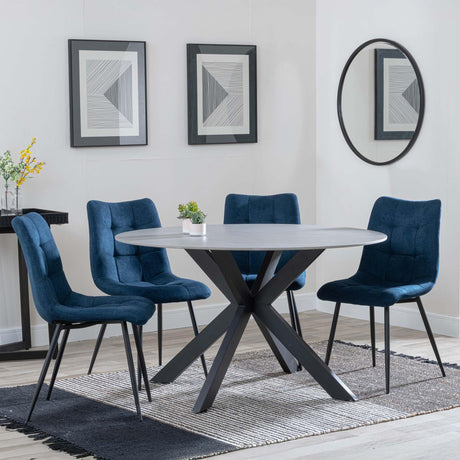 Novara Grey Ceramic 4 Seater Round Dining Set - 4 Corona Blue Fabric Dining Chair-5