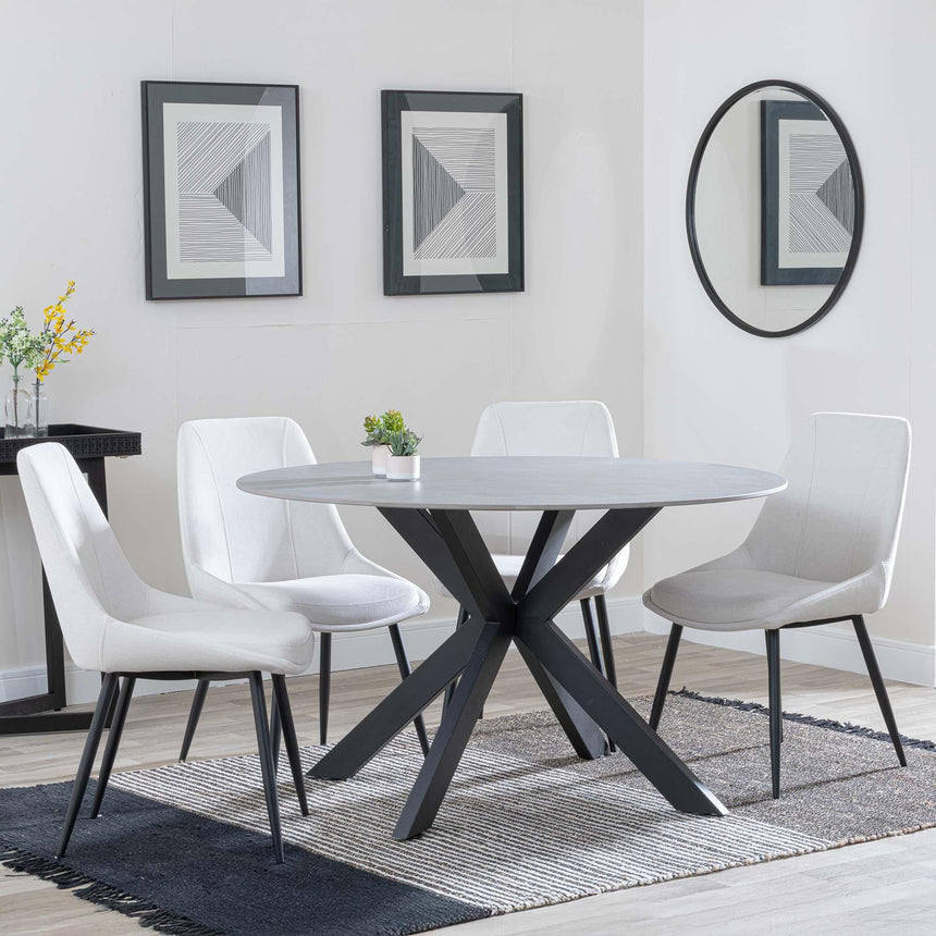 Novara Grey Ceramic 4 Seater Round Dining Set - 4 Darwin Cream Fabric Dining Chair-2