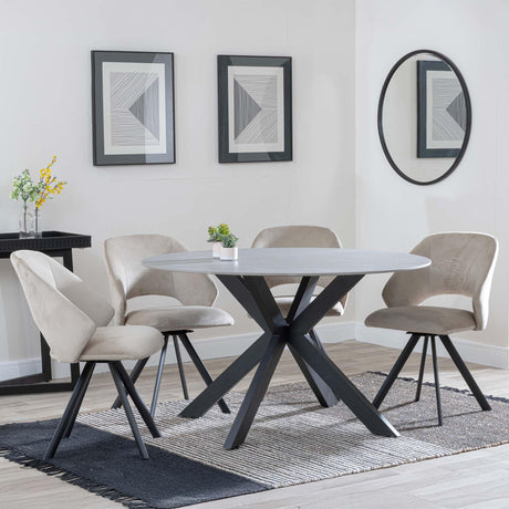 Novara Grey Ceramic 4 Seater Round Dining Set - 4 Ion Beige Velvet Fabric Swivel Dining Chair-2
