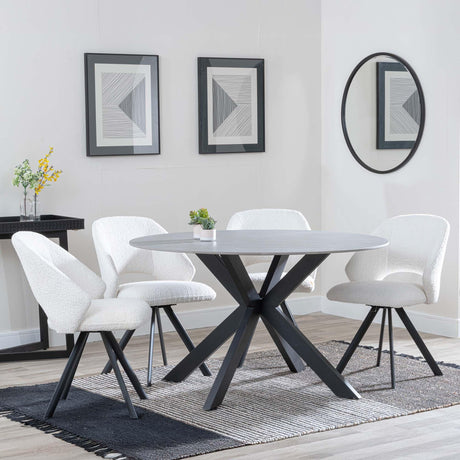 Novara Grey Ceramic 4 Seater Round Dining Set - 4 Ion Cream Boucle Teddy Fabric Swivel Dining Chair-5