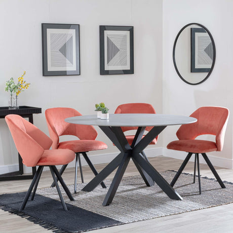 Novara Grey Ceramic 4 Seater Round Dining Set - 4 Ion Orange Velvet Fabric Swivel Dining Chair-4