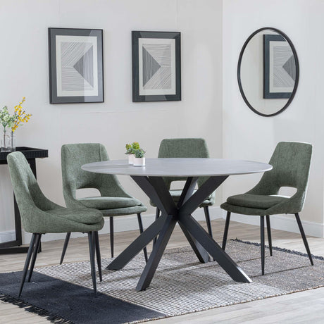 Novara Grey Ceramic 4 Seater Round Dining Set - 4 Peyton Green Fabric Dining Chair-4