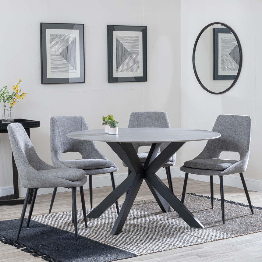 Novara Grey Ceramic 4 Seater Round Dining Set - 4 Peyton Grey Fabric Dining Chair-3