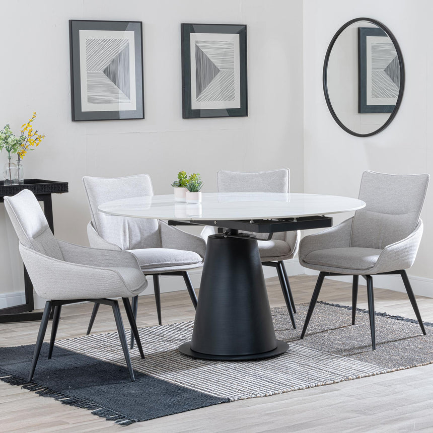 Carrara White Ceramic 4 Seater Round Extending Dining Set - 4 Ace Beige Fabric Swivel Dining Chair-3
