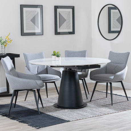 Carrara White Ceramic 4 Seater Round Extending Dining Set - 4 Ace Grey Fabric Swivel Dining Chair-2