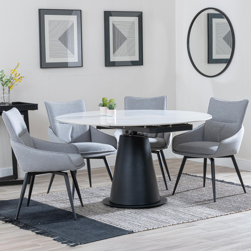 Carrara White Ceramic 4 Seater Round Extending Dining Set - 4 Ace Grey Fabric Swivel Dining Chair-2