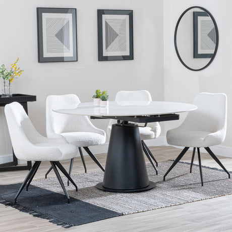 Carrara White Ceramic 4 Seater Round Extending Dining Set - 4 Arctic Cream Velvet Fabric Swivel Dining Chair-4