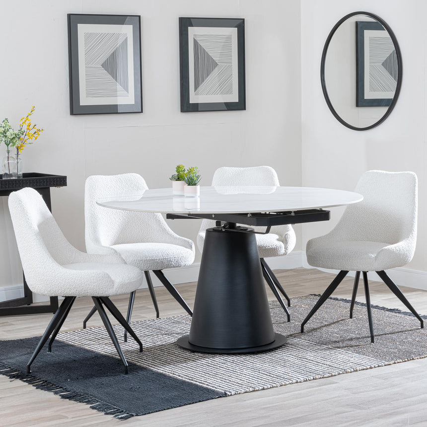 Carrara White Ceramic 4 Seater Round Extending Dining Set - 4 Arctic Cream Velvet Fabric Swivel Dining Chair-4