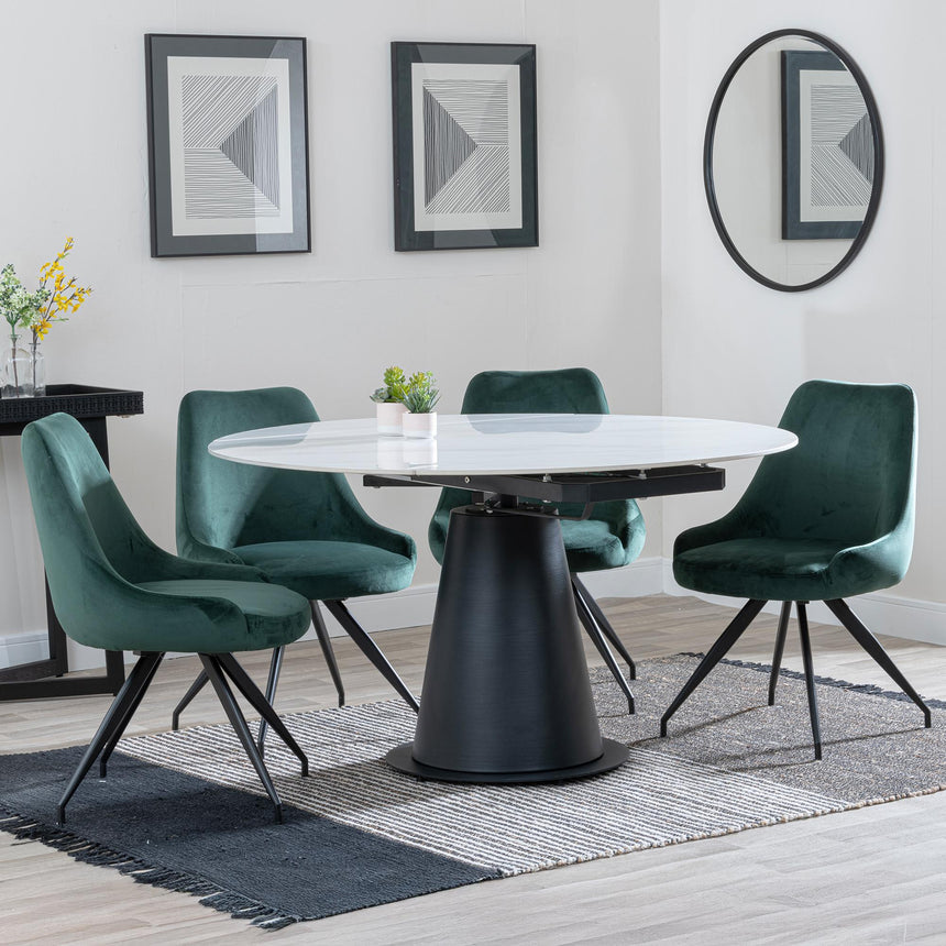Carrara White Ceramic 4 Seater Round Extending Dining Set - 4 Arctic Green Velvet Fabric Swivel Dining Chair-2