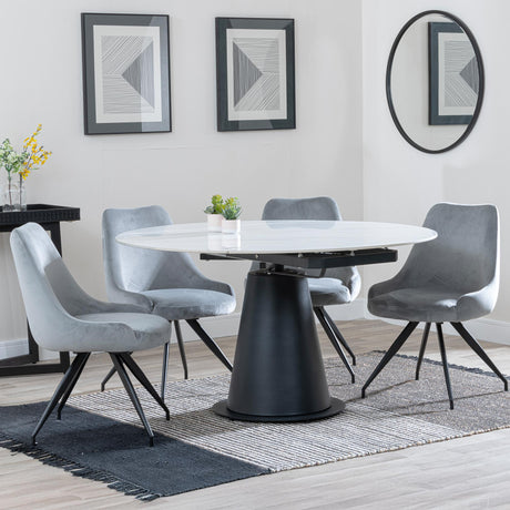 Carrara White Ceramic 4 Seater Round Extending Dining Set - 4 Arctic Grey Velvet Fabric Swivel Dining Chair-3
