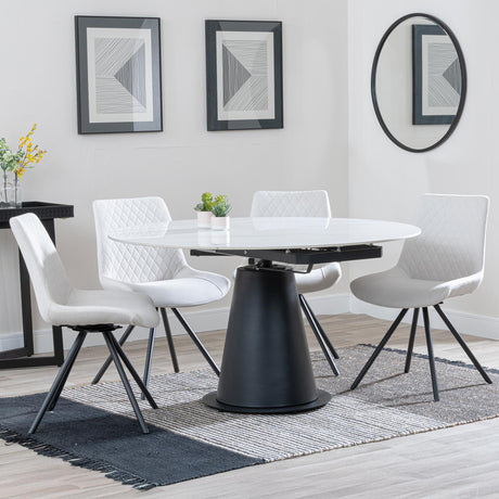 Carrara White Ceramic 4 Seater Round Extending Dining Set - 4 Boden Cream Fabric Swivel Dining Chair-3