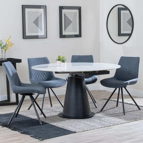 Carrara White Ceramic 4 Seater Round Extending Dining Set - 4 Boden Dark Grey Fabric Swivel Dining Chair-5