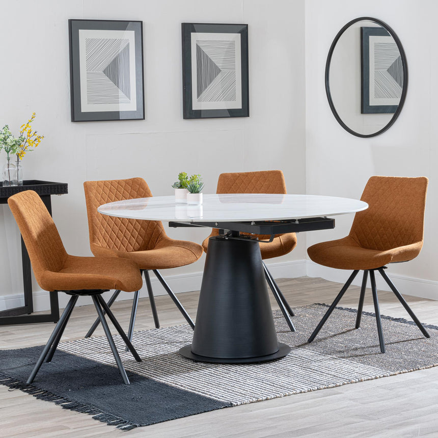 Carrara White Ceramic 4 Seater Round Extending Dining Set - 4 Boden Orange Fabric Swivel Dining Chair-4