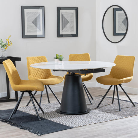 Carrara White Ceramic 4 Seater Round Extending Dining Set - 4 Boden Yellow Fabric Swivel Dining Chair-2