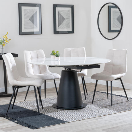 Carrara White Ceramic 4 Seater Round Extending Dining Set - 4 Corona Beige Fabric Dining Chair-3