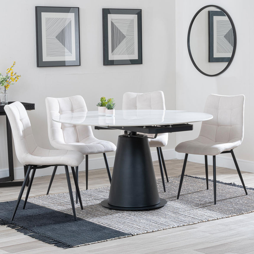Carrara White Ceramic 4 Seater Round Extending Dining Set - 4 Corona Beige Fabric Dining Chair-3