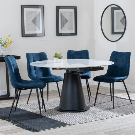 Carrara White Ceramic 4 Seater Round Extending Dining Set - 4 Corona Blue Fabric Dining Chair-5