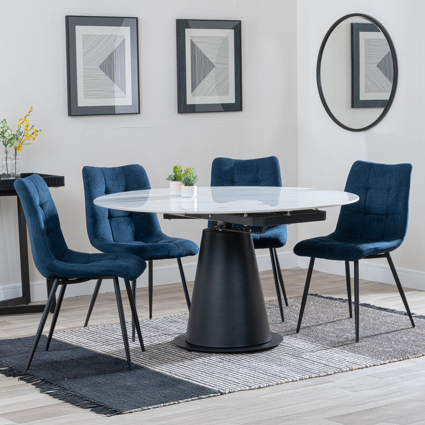Carrara White Ceramic 4 Seater Round Extending Dining Set - 4 Corona Blue Fabric Dining Chair-5