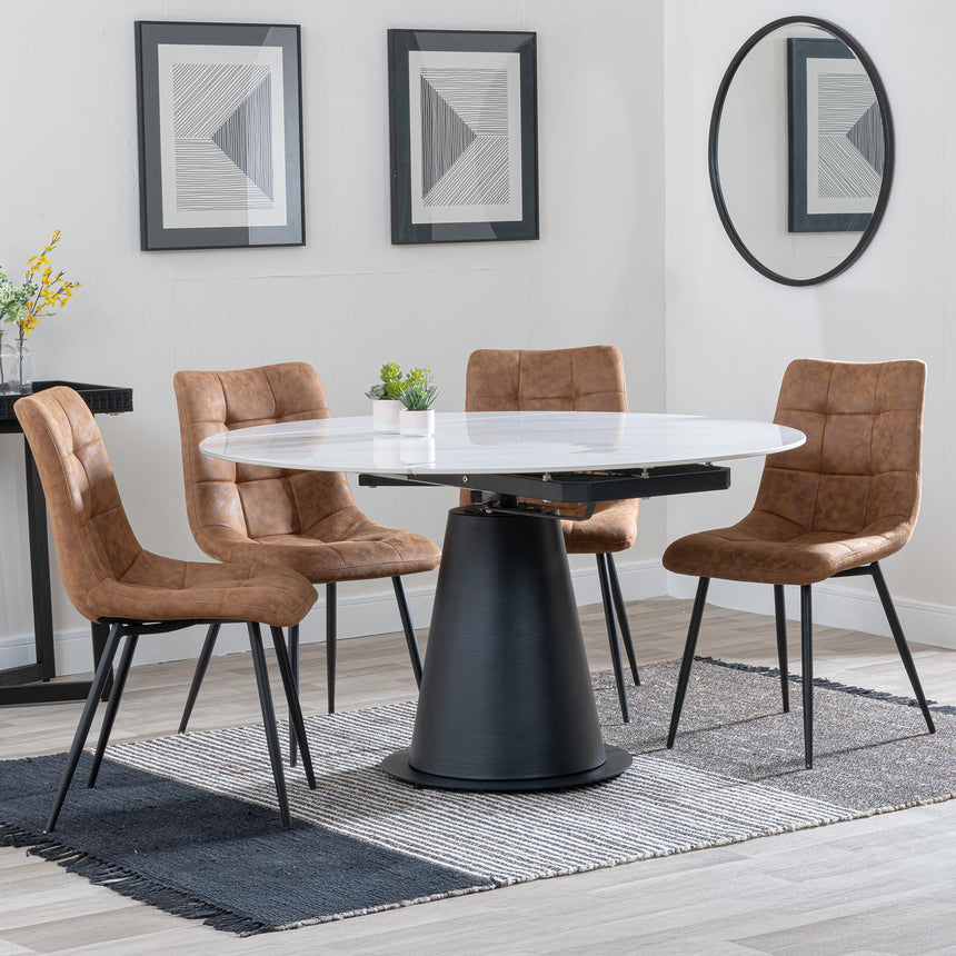 Carrara White Ceramic 4 Seater Round Extending Dining Set - 4 Corona Brown Fabric Dining Chair-8