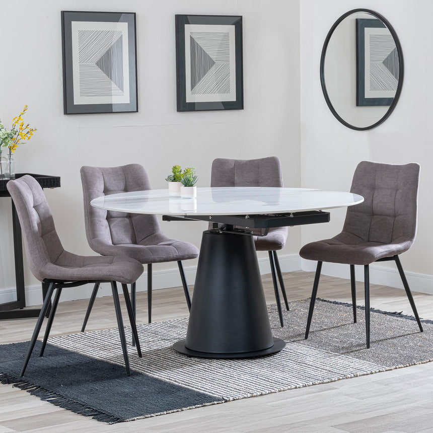Carrara White Ceramic 4 Seater Round Extending Dining Set - 4 Corona Camel Fabric Dining Chair-4
