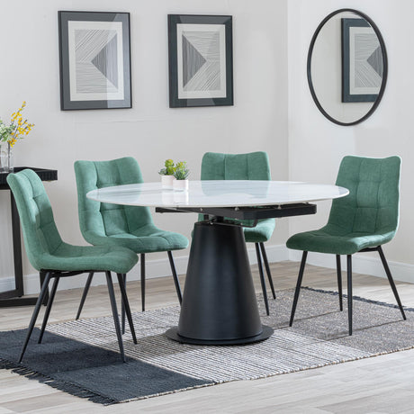 Carrara White Ceramic 4 Seater Round Extending Dining Set - 4 Corona Green Fabric Dining Chair-6