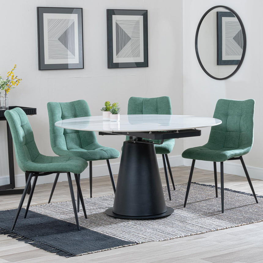 Carrara White Ceramic 4 Seater Round Extending Dining Set - 4 Corona Green Fabric Dining Chair-6