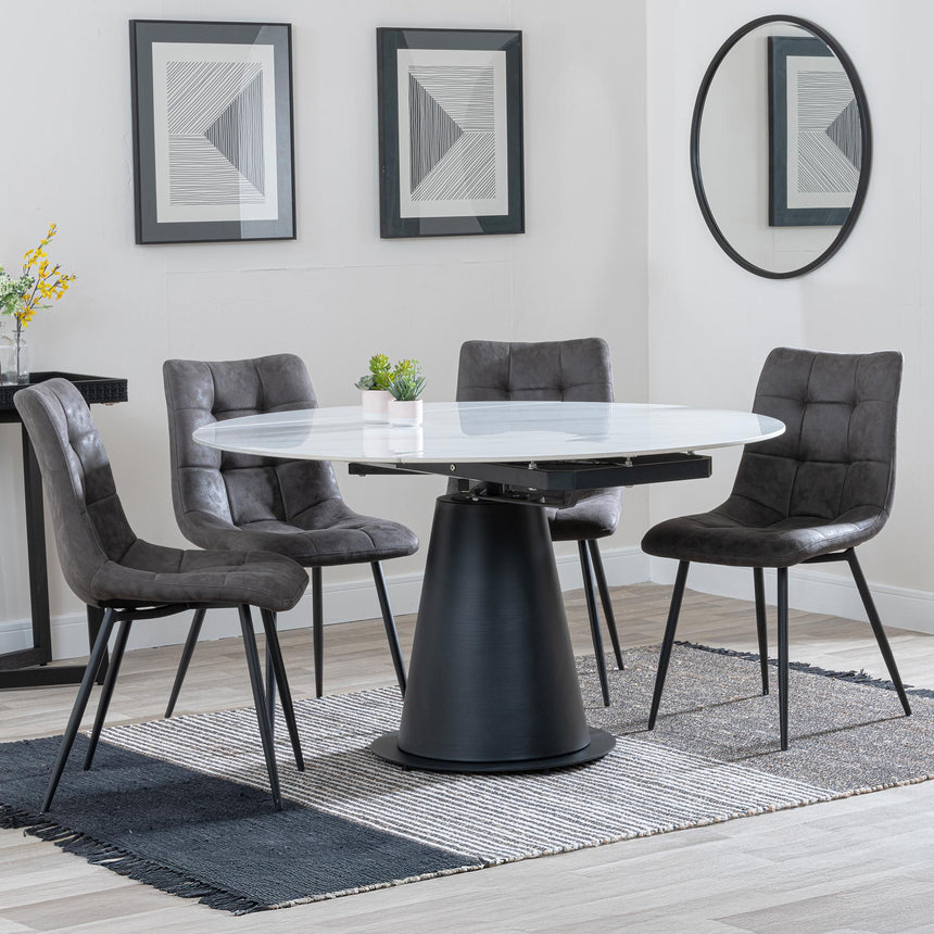 Carrara White Ceramic 4 Seater Round Extending Dining Set - 4 Corona Grey Fabric Dining Chair-9