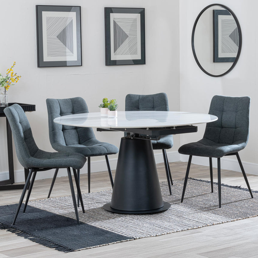 Carrara White Ceramic 4 Seater Round Extending Dining Set - 4 Corona Light Grey Fabric Dining Chair-7