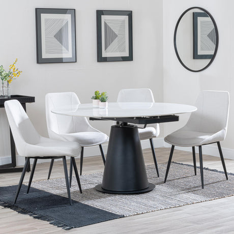 Carrara White Ceramic 4 Seater Round Extending Dining Set - 4 Darwin Cream Fabric Dining Chair-2