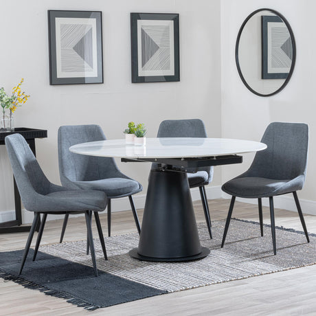 Carrara White Ceramic 4 Seater Round Extending Dining Set - 4 Darwin Grey Fabric Dining Chair-6