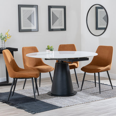 Carrara White Ceramic 4 Seater Round Extending Dining Set - 4 Darwin Orange Fabric Dining Chair-4