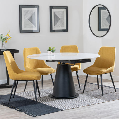 Carrara White Ceramic 4 Seater Round Extending Dining Set - 4 Darwin Yellow Fabric Dining Chair-3