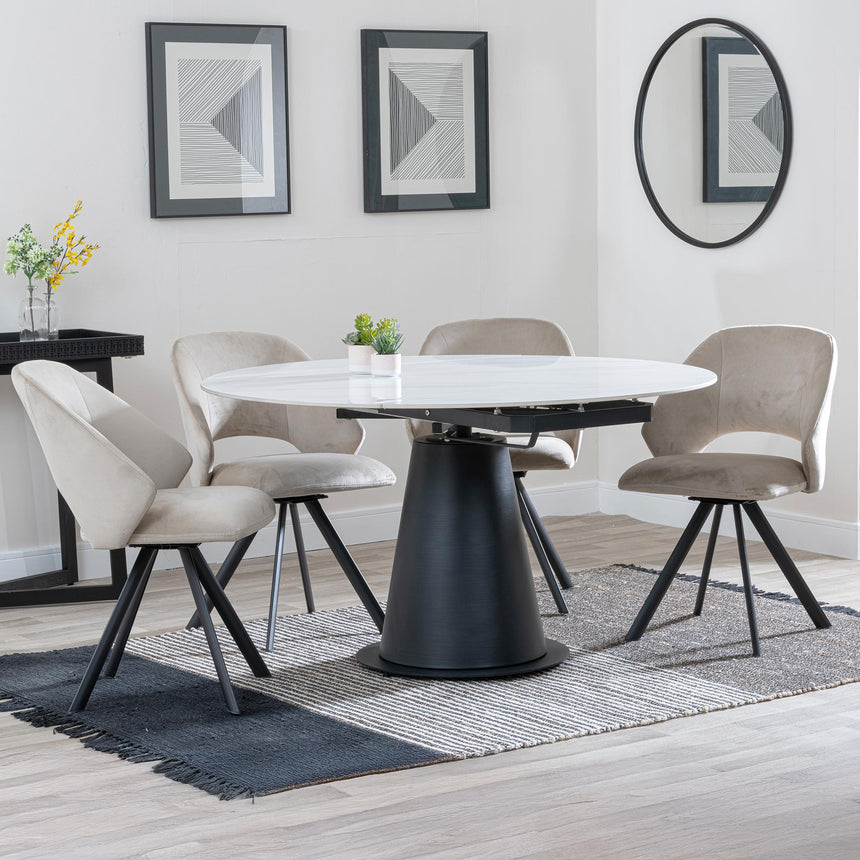 Carrara White Ceramic 4 Seater Round Extending Dining Set - 4 Ion Beige Velvet Fabric Swivel Dining Chair-2
