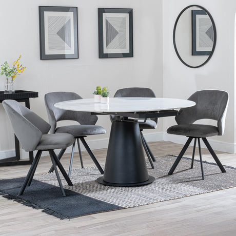 Carrara White Ceramic 4 Seater Round Extending Dining Set - 4 Ion Dark Grey Velvet Fabric Swivel Dining Chair-3